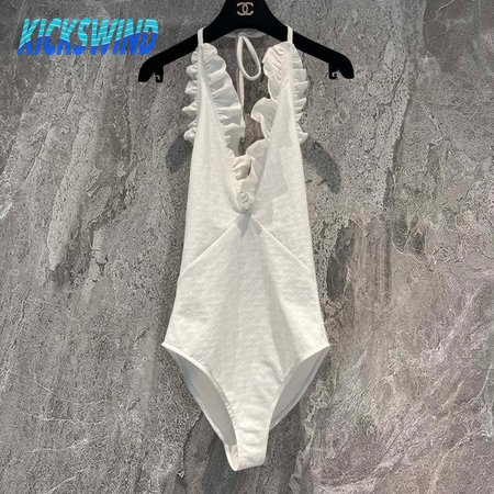 Chanel White Falbala One-Piece Swimsuit