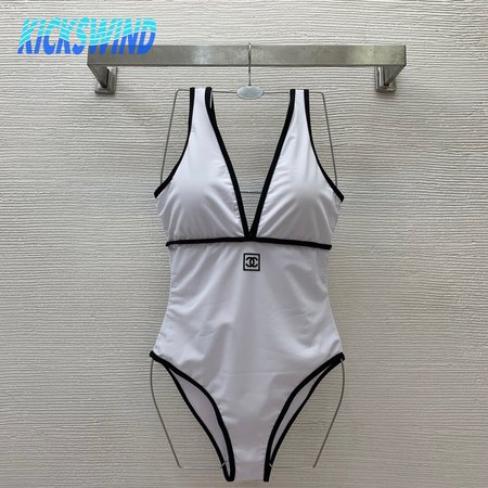 Chanel White V-Neck One-Piece Swimsuit