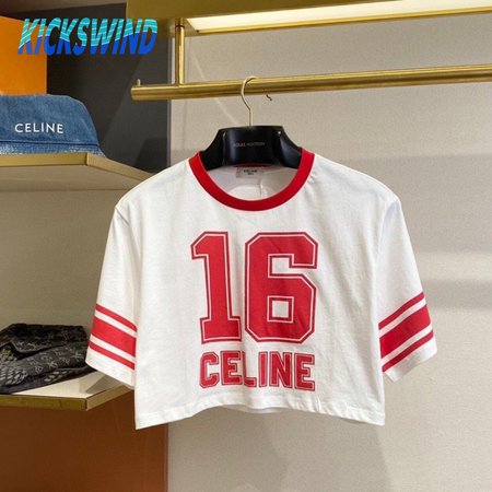 Celine 16 Cropped T-Shirt In Cotton Jersey Off White/Red Intense