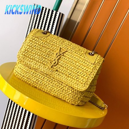 Saint Laurent Niki Raffia Logo Plaque Shoulder Bag