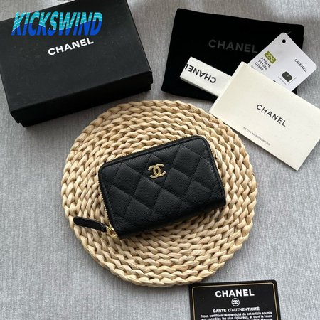 Chanel Zip Coin Purse Quilted Caviar Gold-tone Black