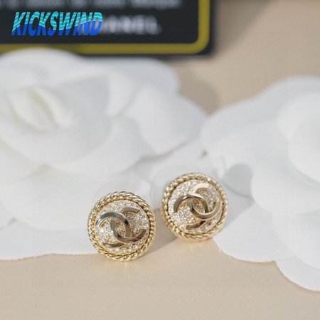 Chanel Double C Round Full Diamond Stud Earrings