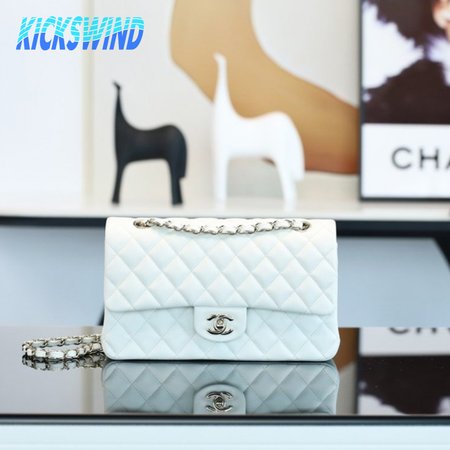 Chanel Classic Flap Shoulder Bag White Silver