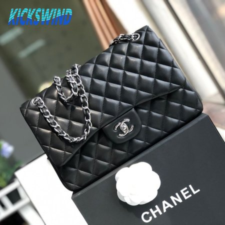 Chanel Classic Double Flap Quilted Lambskin Silver-tone Jumbo Black