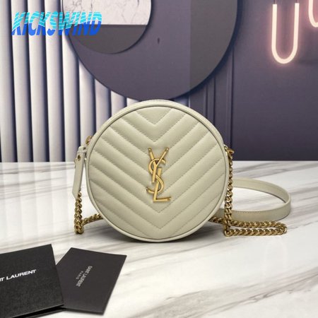 Saint Lauren Vinyle Round Camera Bag In Chevron-Quilted Grain De Poudre Embossed Leather(without box)