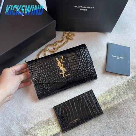 Saint Laurent Cassandre Phone Holder With Strap In Shiny Crocodile-Embossed Leather