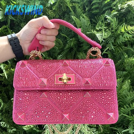 Valentino Medium Roman Stud The Shoulder Bag Chain With Sparkling Embroidery Pink