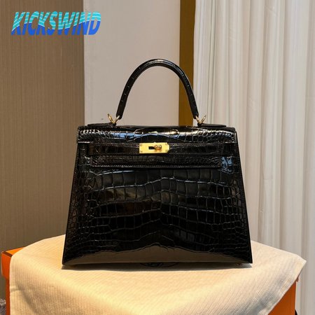 Hermes Kelly 25 HSS Sellier Black Shiny Alligator Brushed Gold Hardware