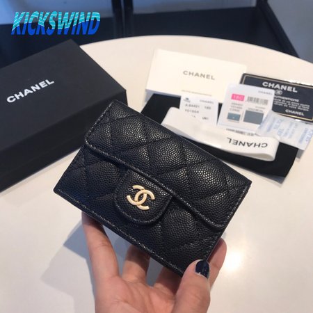 Chanel Card Holder Quilted Caviar Gold-tone Black