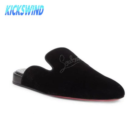 Christian Louboutin Navy Coolito Flat Black Velvet Backless Slide