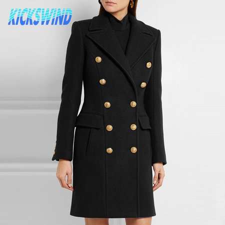 Balmain Black Double Breasted Gold Button Wool Coat