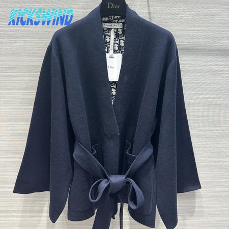 Dior Belted Kimono Jacket Navy Blue Double-Sided Wool And Silk With Dior Oblique Interior