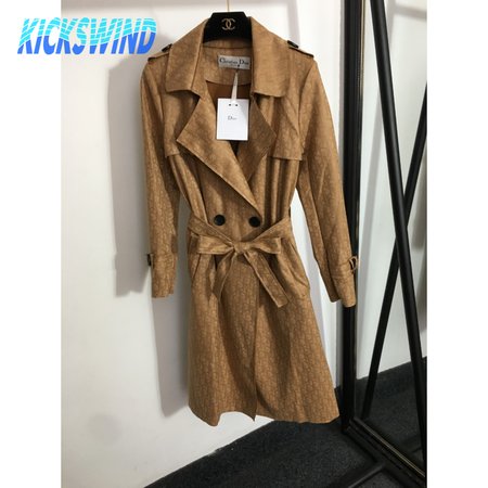 Dior Logo Print Tie-Waist Lapel Long-Sleeved Suede Trench Coat Jacket
