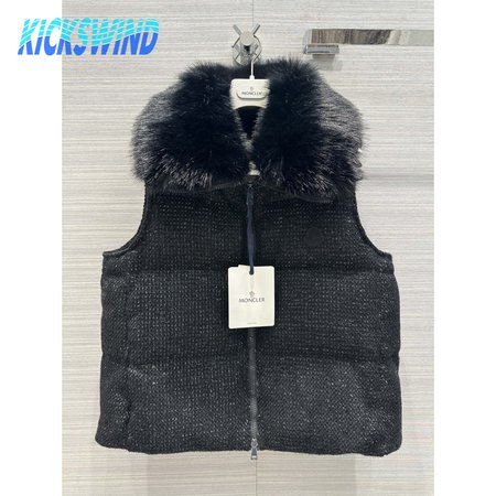 Moncler Carrelet Fur-Collar Tweed Vest Black Women's