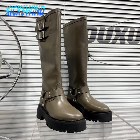 Celine Bulky Biker High Boot In Calfskin Khaki/Silver