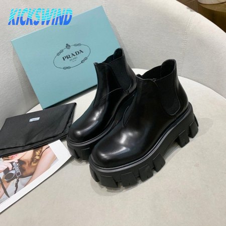 Prada Monolith Brushed Leather Chelsea Boots Black 35-40