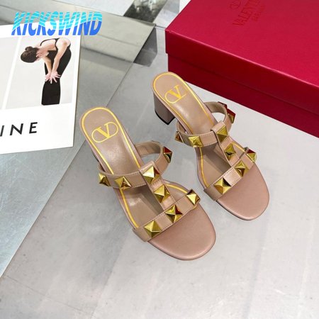 Valentino Roman Stud Calfskin Slide Sandal 60mm Rose Cannelle 35-41