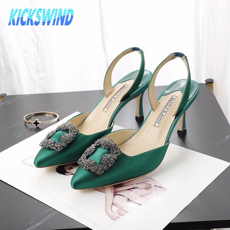 Manolo Blahnik Green Satin Jewel Buckle Slingback Pumps 35-42